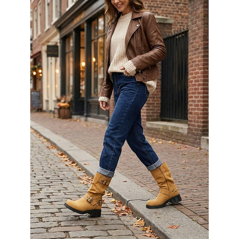 Women's Lug Sole Moto Boots with Chunky Block Heel