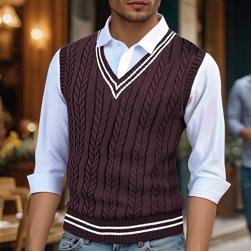 Men's V-Neck Striped Cable Knit Layering Vest