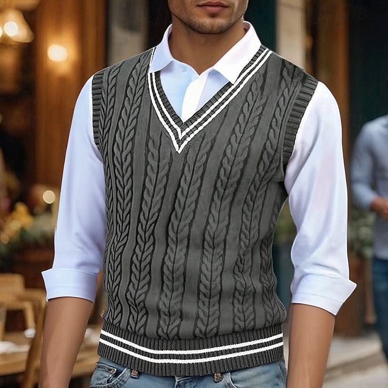 Men's V-Neck Striped Cable Knit Layering Vest
