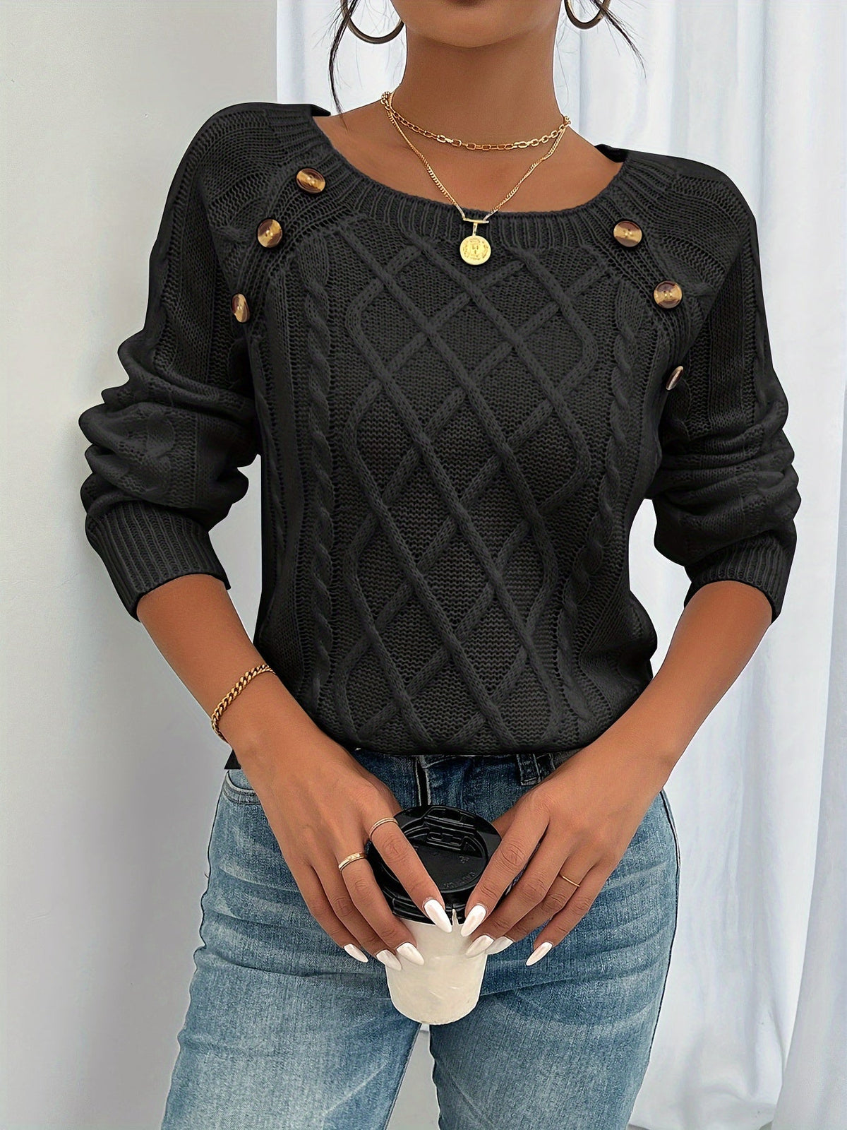 Women's Shoulder-Button Cable Knit Sweater Pullover