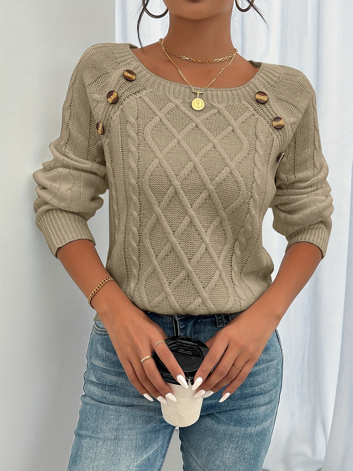 Women's Shoulder-Button Cable Knit Sweater Pullover