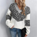 Women's Leopard Pattern Sleeve V-Neck Knit Pullover