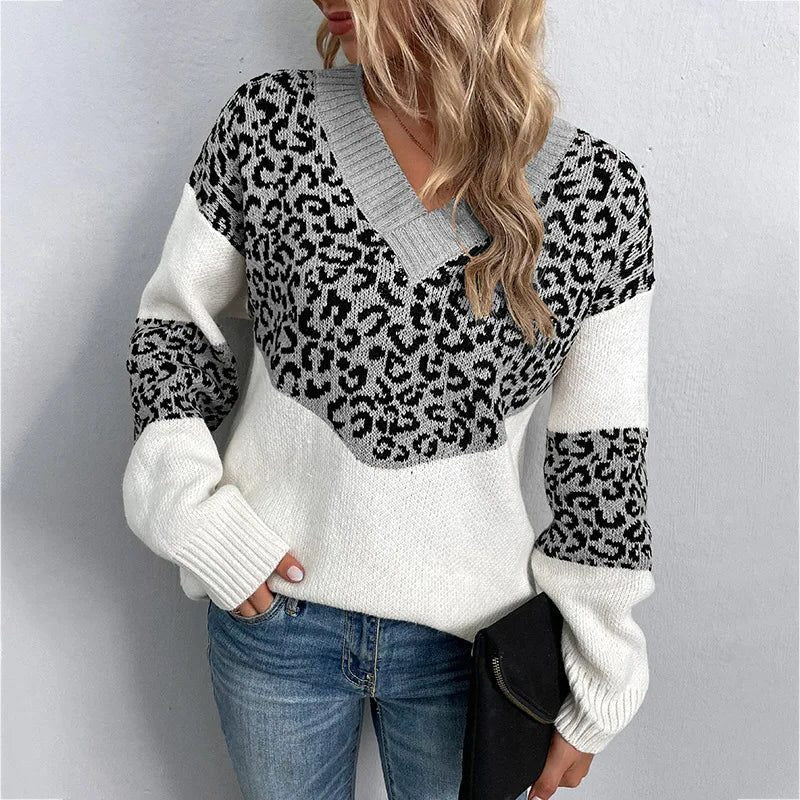 Women's Leopard Pattern Sleeve V-Neck Knit Pullover