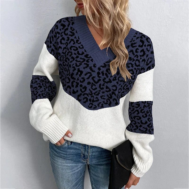 Women's Leopard Pattern Sleeve V-Neck Knit Pullover