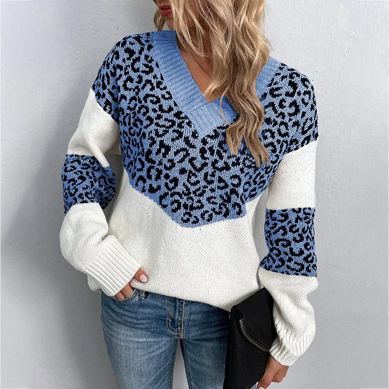 Women's Leopard Pattern Sleeve V-Neck Knit Pullover