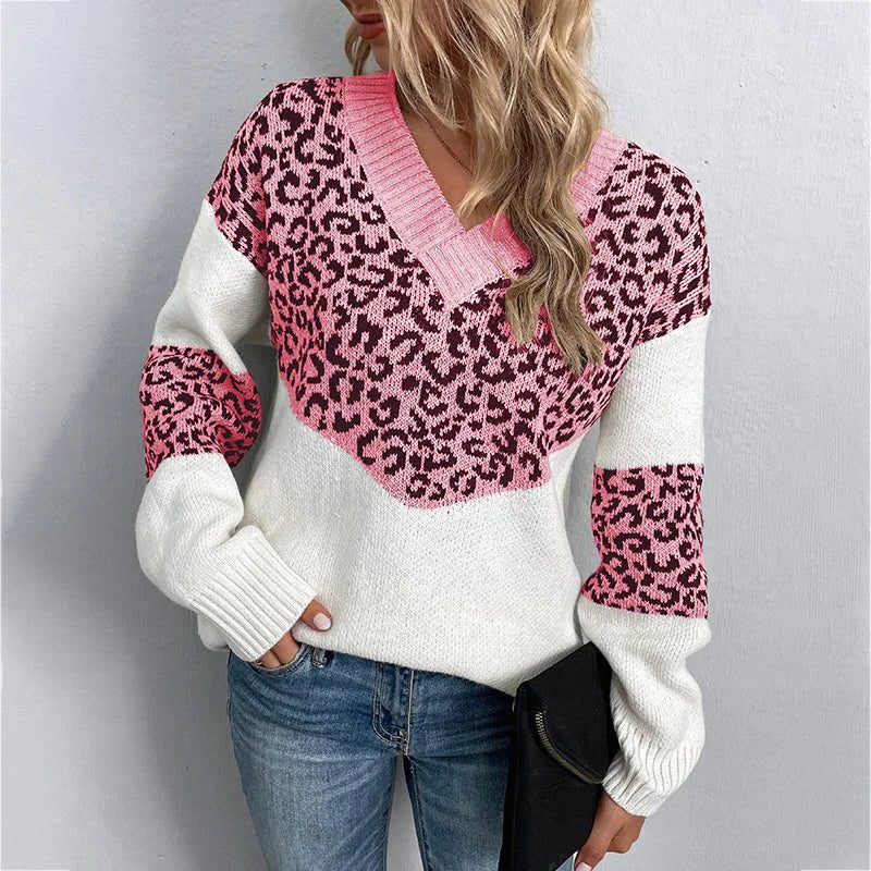 Women's Leopard Pattern Sleeve V-Neck Knit Pullover