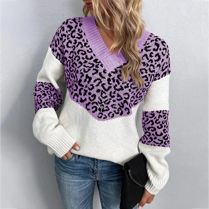 Women's Leopard Pattern Sleeve V-Neck Knit Pullover