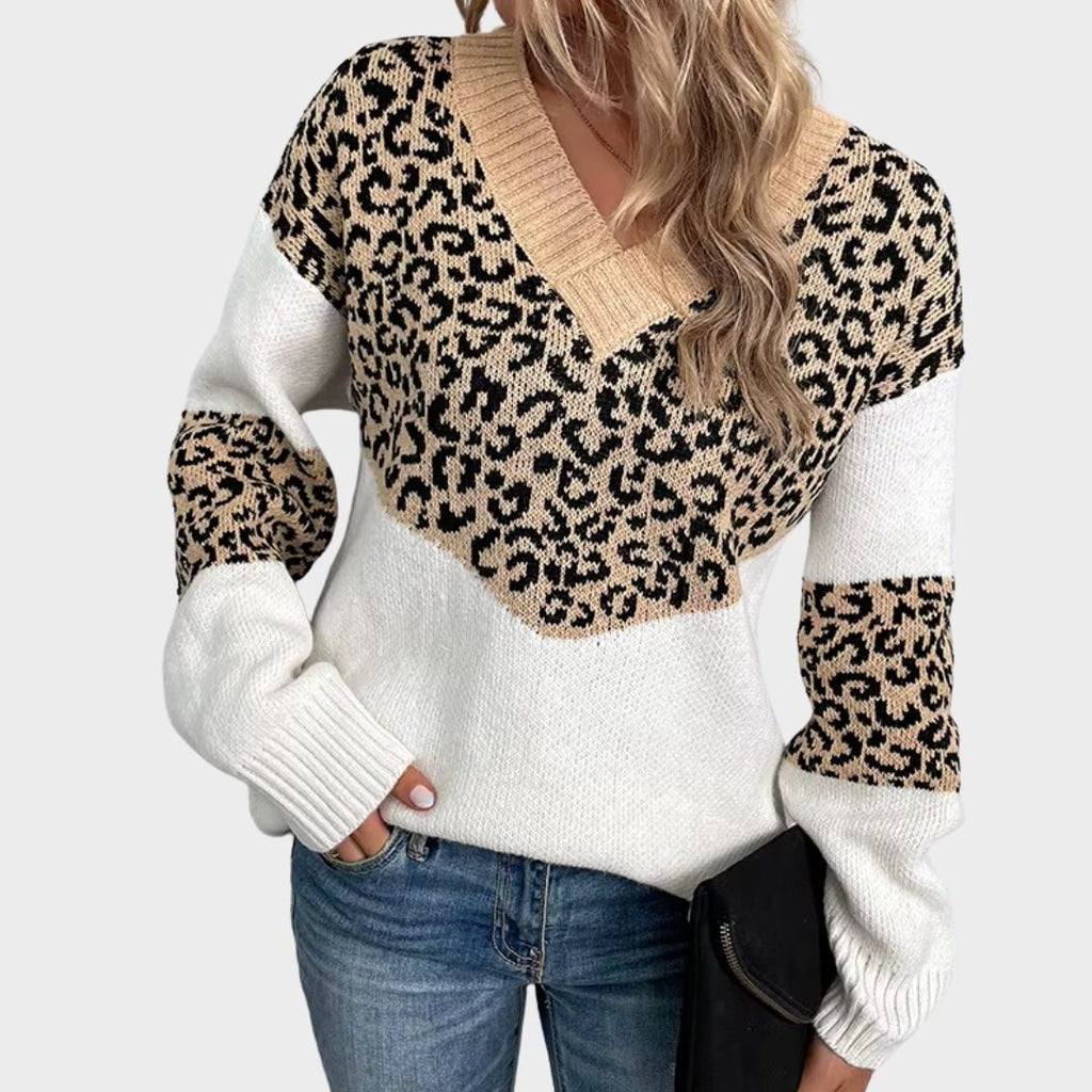 Women's Leopard Pattern Sleeve V-Neck Knit Pullover
