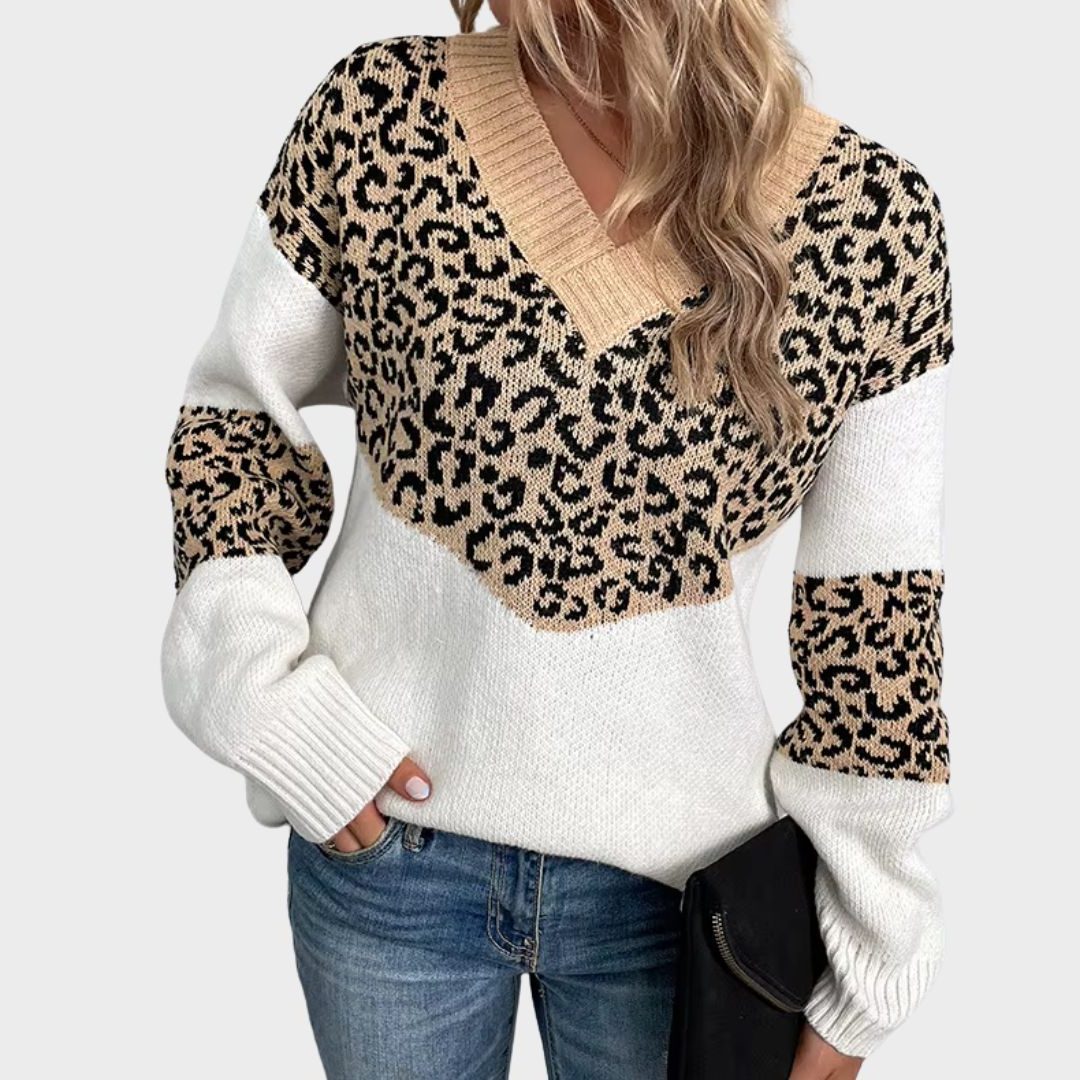 Women's Leopard Pattern Sleeve V-Neck Knit Pullover