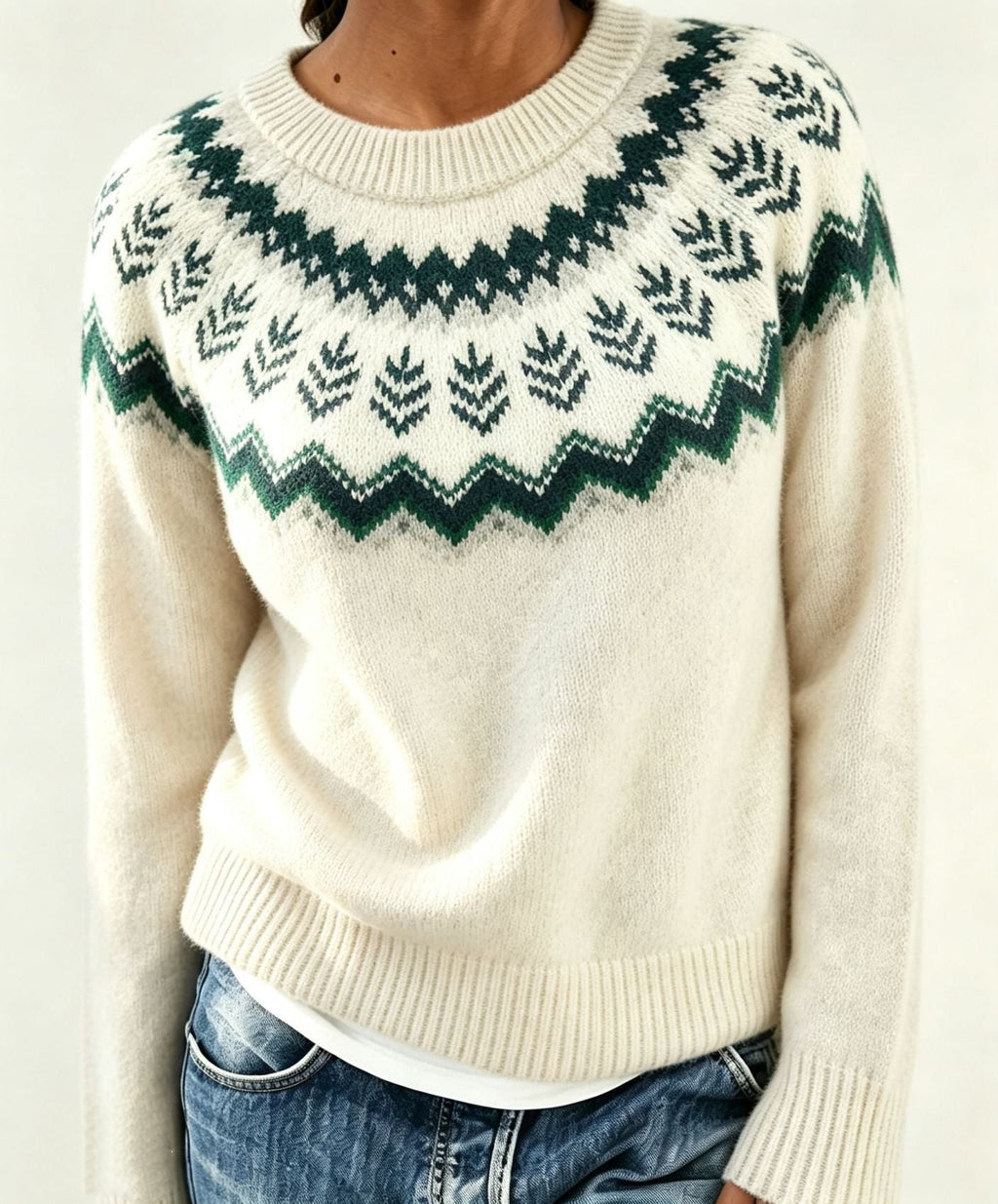Men's Crew Neck Pullover with Patterned Fair Isle Yoke