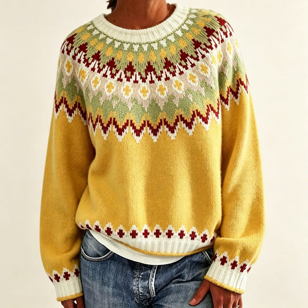 Men's Crew Neck Pullover with Patterned Fair Isle Yoke