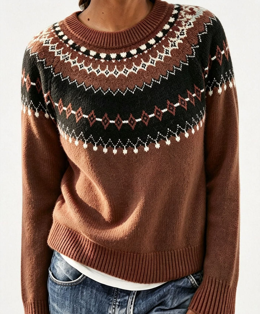 Men's Crew Neck Pullover with Patterned Fair Isle Yoke