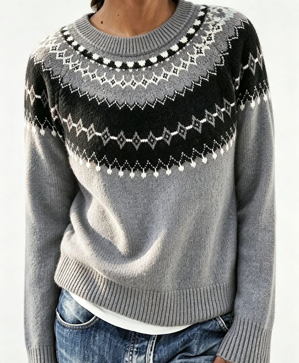 Men's Crew Neck Pullover with Patterned Fair Isle Yoke