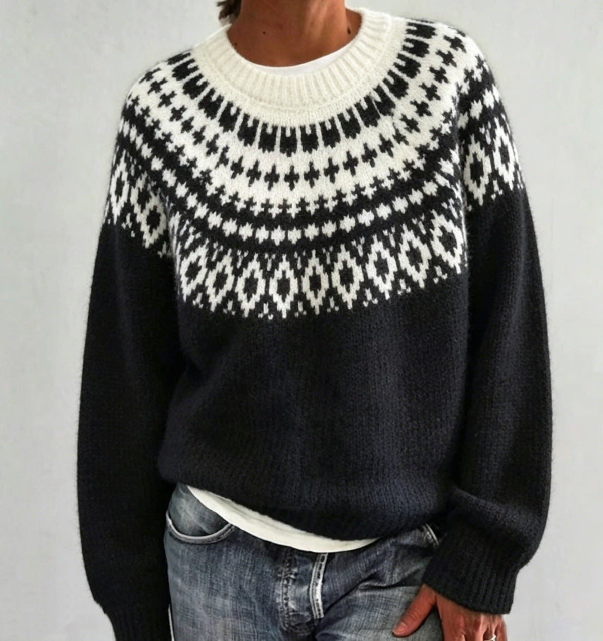 Men's Crew Neck Pullover with Patterned Fair Isle Yoke