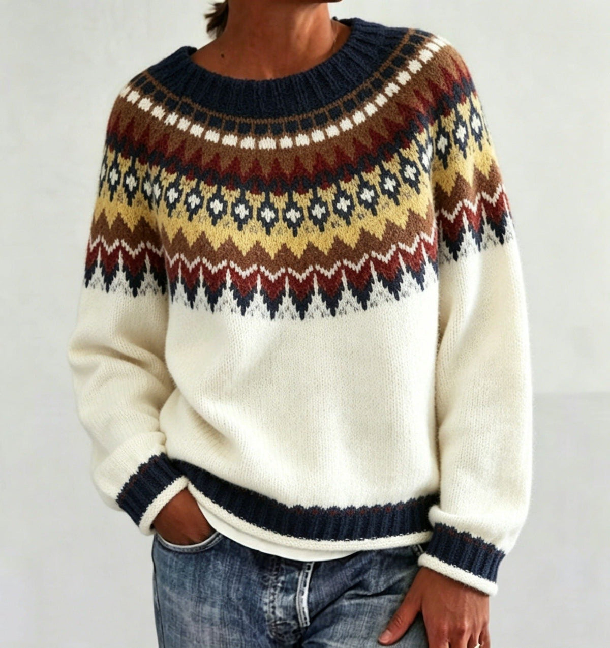 Men's Crew Neck Pullover with Patterned Fair Isle Yoke