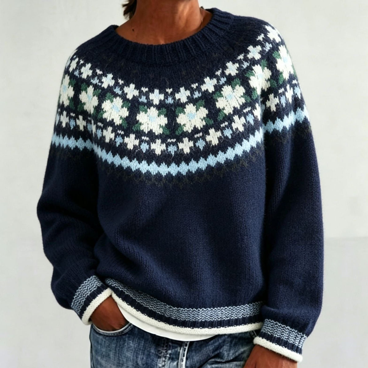 Men's Crew Neck Pullover with Patterned Fair Isle Yoke