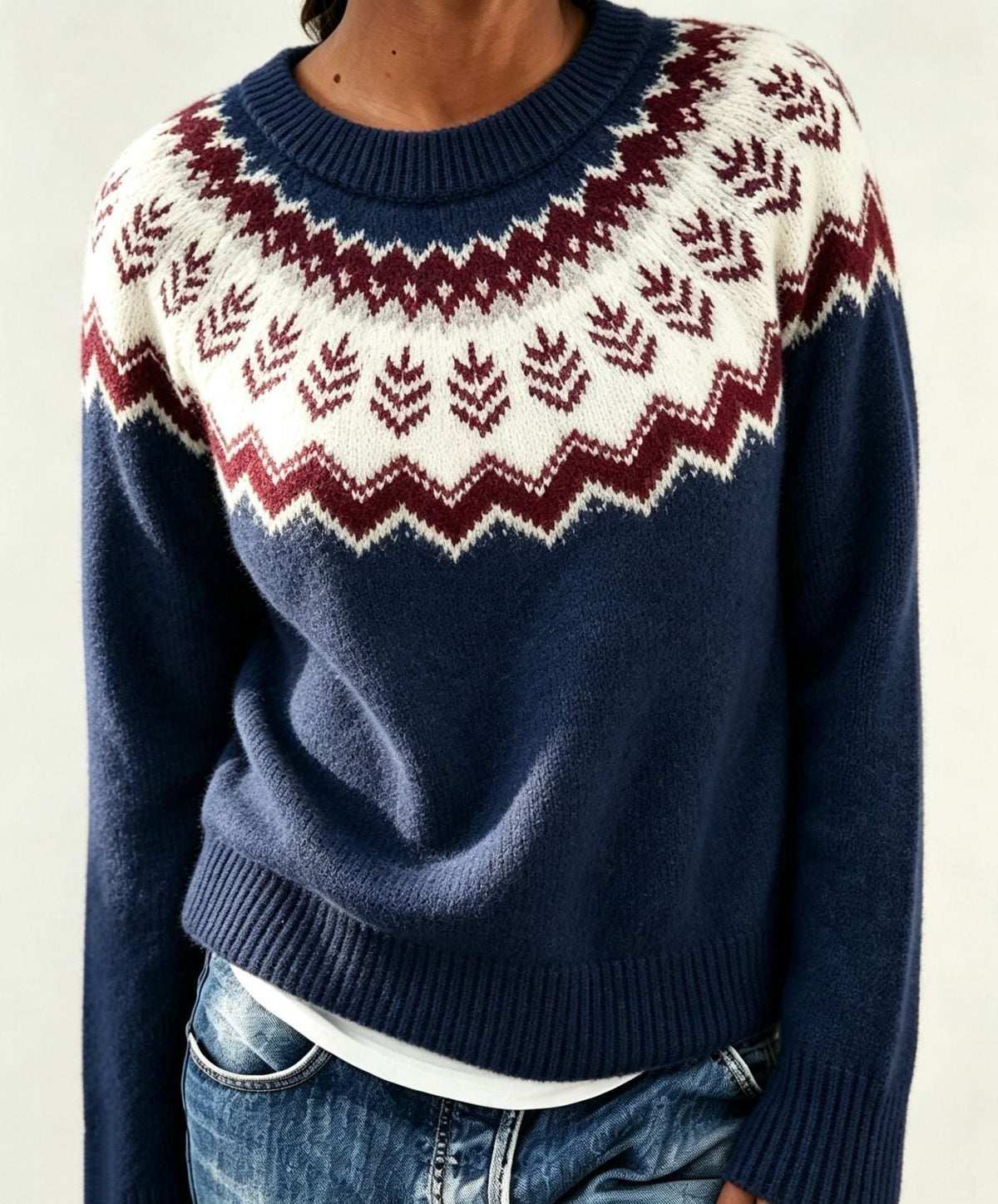 Men's Crew Neck Pullover with Patterned Fair Isle Yoke