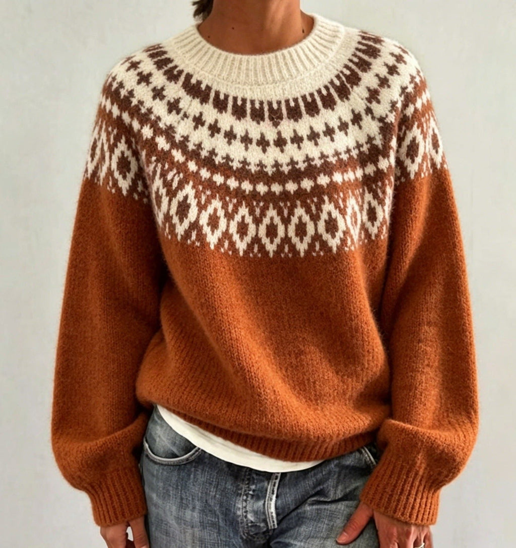 Men's Crew Neck Pullover with Patterned Fair Isle Yoke