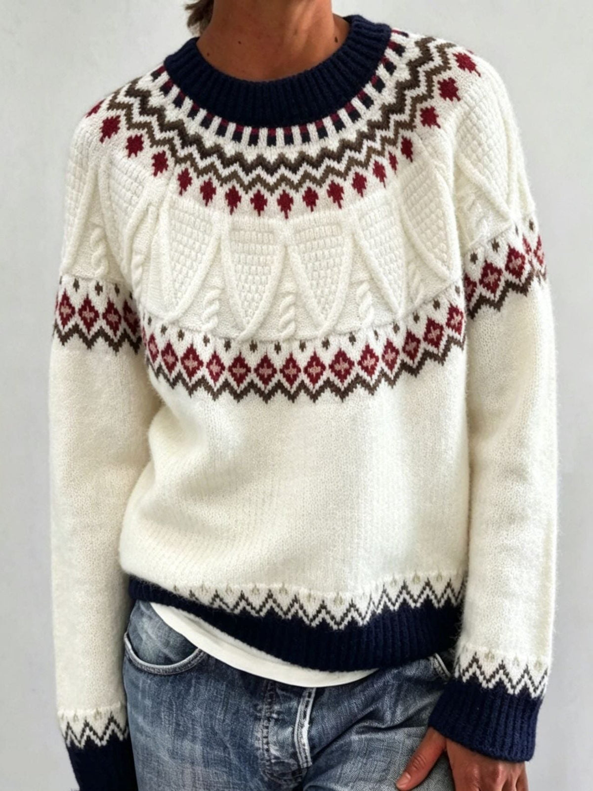 Men's Crew Neck Pullover with Patterned Fair Isle Yoke
