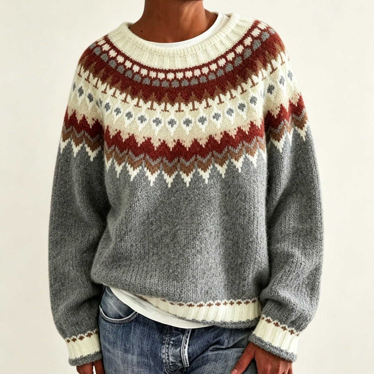 Men's Crew Neck Pullover with Patterned Fair Isle Yoke