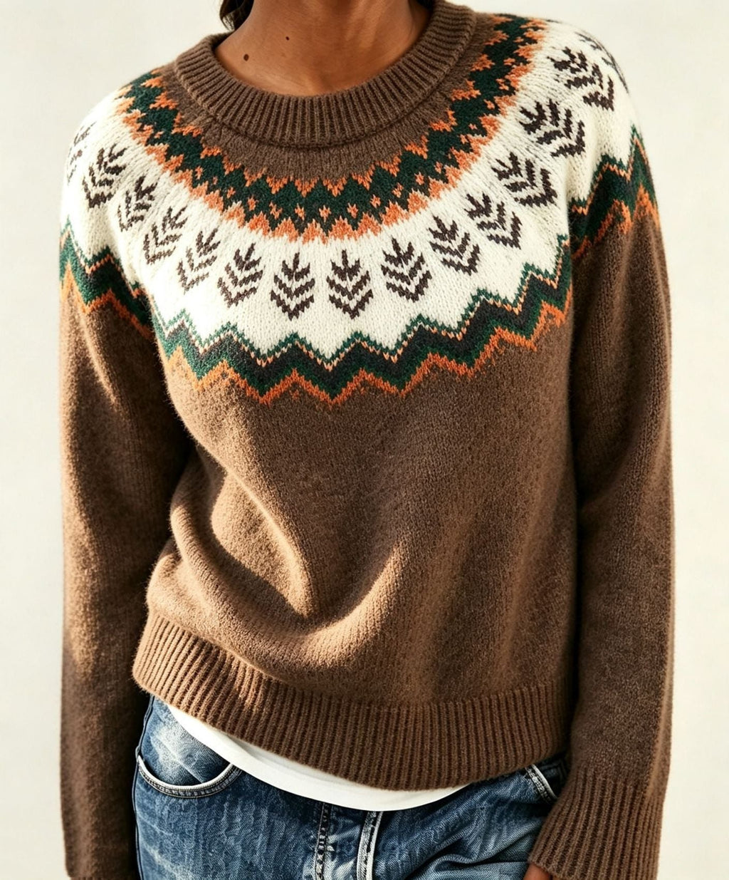 Men's Crew Neck Pullover with Patterned Fair Isle Yoke