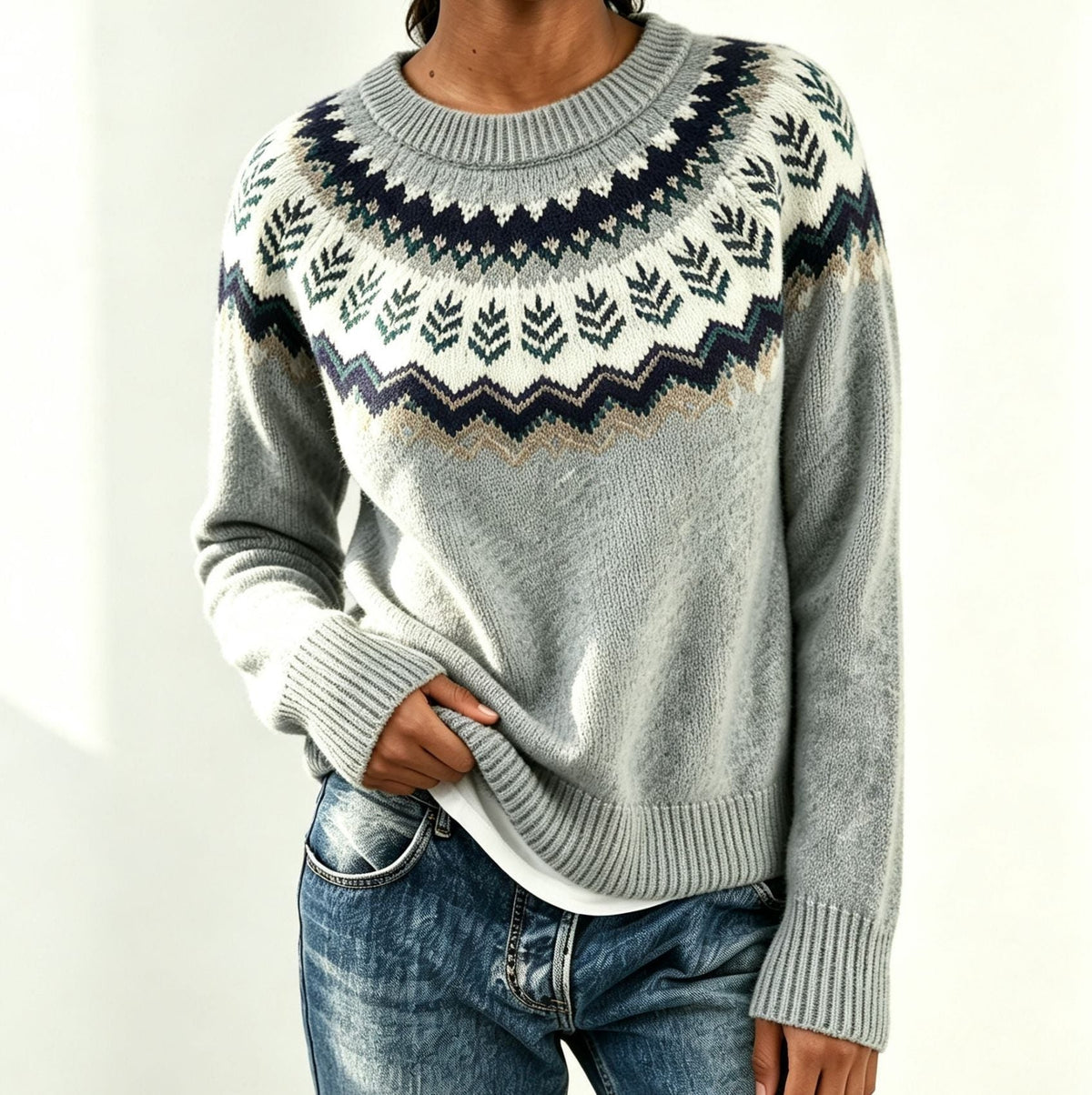 Men's Crew Neck Pullover with Patterned Fair Isle Yoke