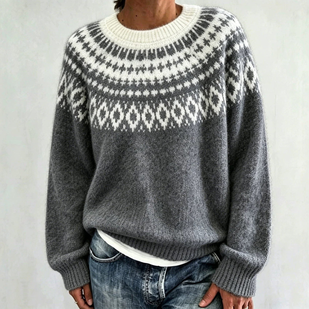 Men's Crew Neck Pullover with Patterned Fair Isle Yoke