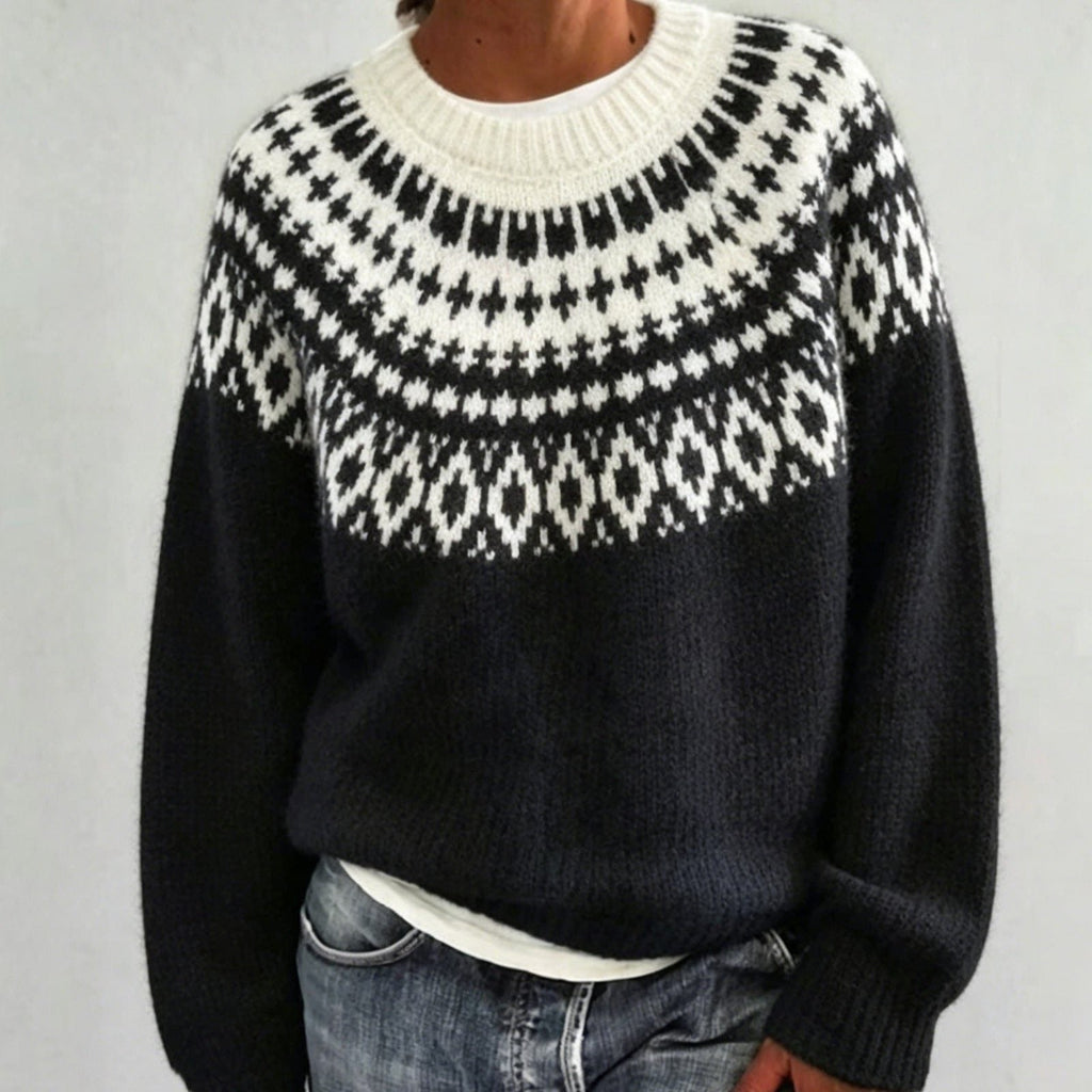 Men's Crew Neck Pullover with Patterned Fair Isle Yoke