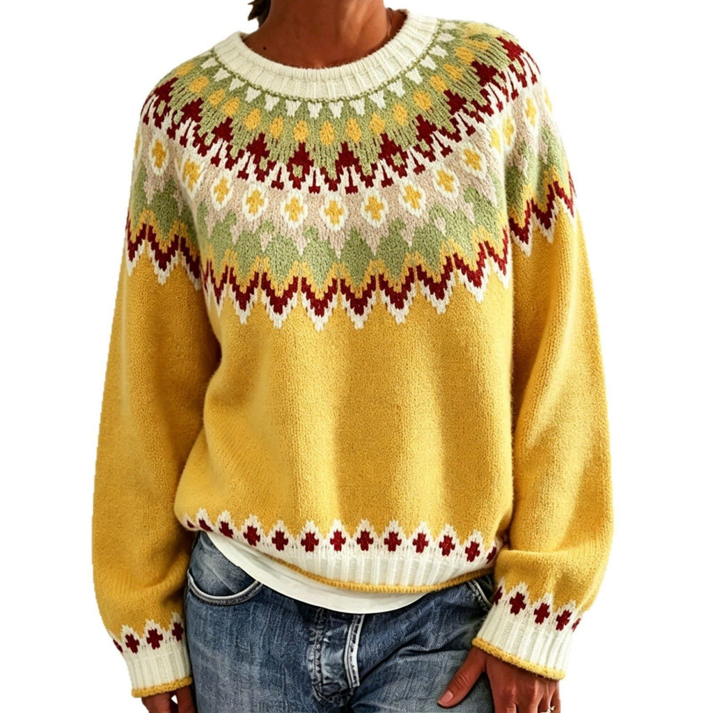 Men's Crew Neck Pullover with Patterned Fair Isle Yoke