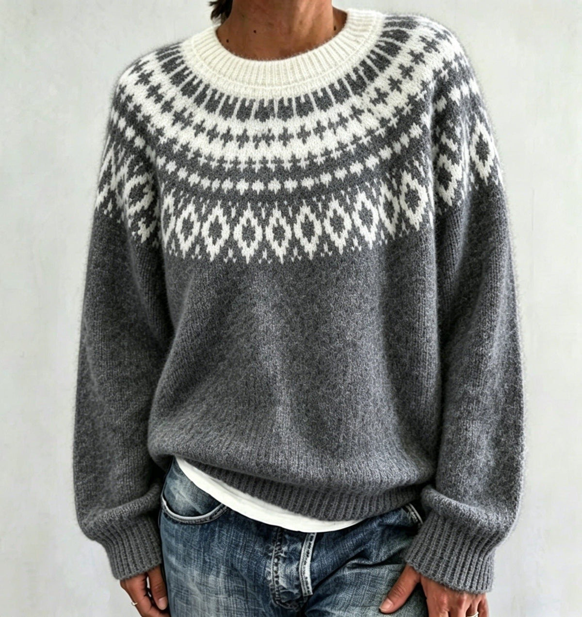 Men's Crew Neck Pullover with Patterned Fair Isle Yoke