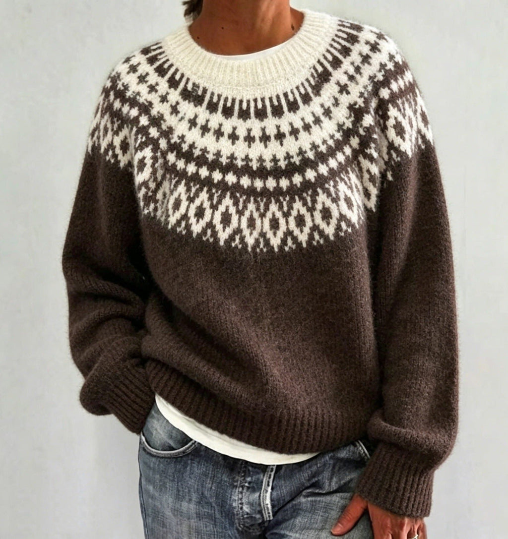 Men's Crew Neck Pullover with Patterned Fair Isle Yoke