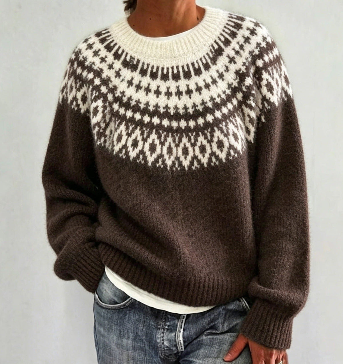 Men's Crew Neck Pullover with Patterned Fair Isle Yoke