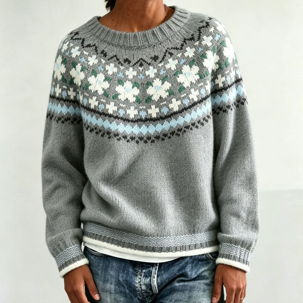 Men's Crew Neck Pullover with Patterned Fair Isle Yoke