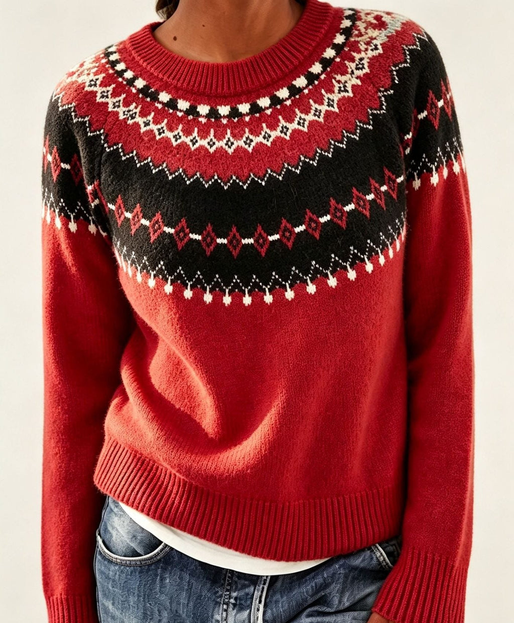 Men's Crew Neck Pullover with Patterned Fair Isle Yoke