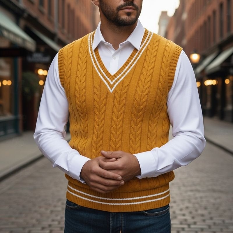Men's V-Neck Striped Cable Knit Layering Vest