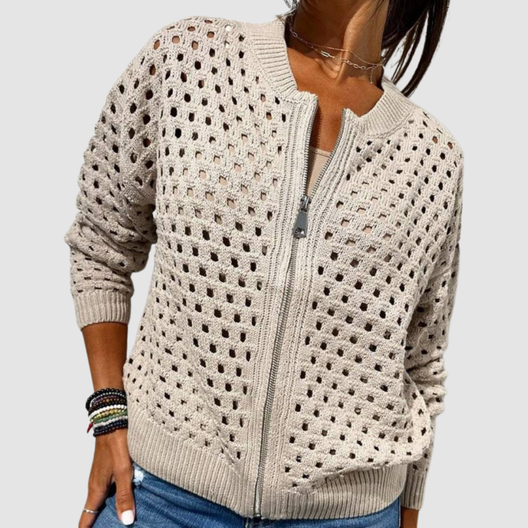 Women's Zip-Front Open Knit Cardigan with Rib Trim
