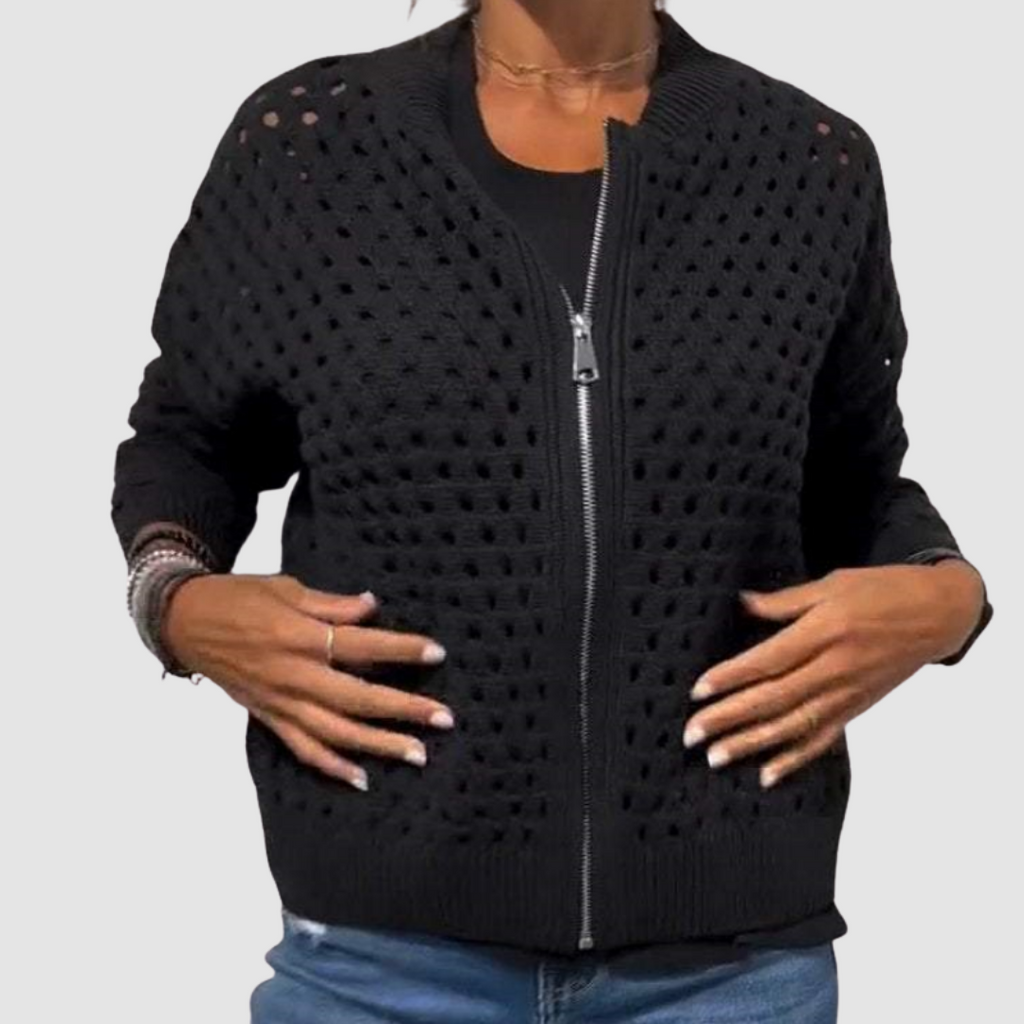 Women's Zip-Front Open Knit Cardigan with Rib Trim