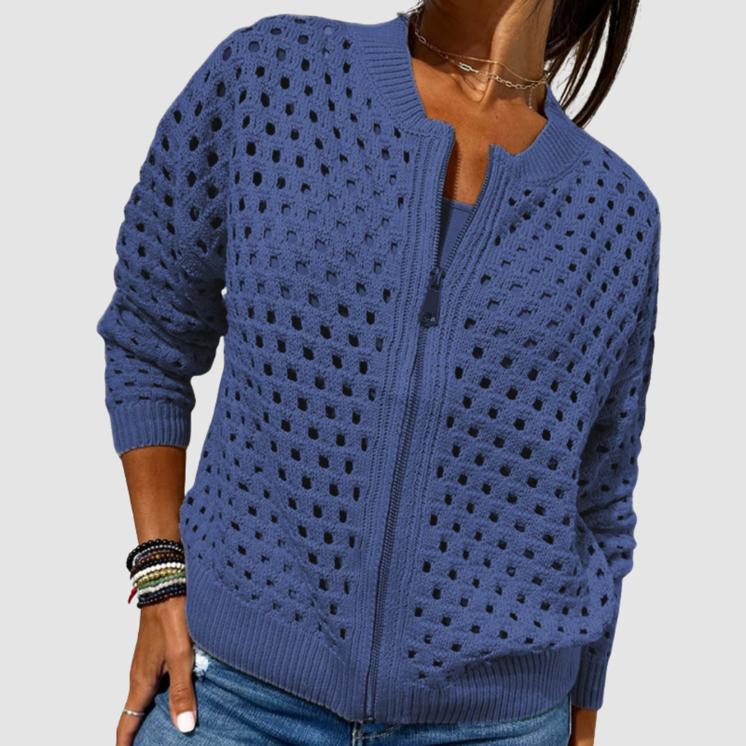 Women's Zip-Front Open Knit Cardigan with Rib Trim
