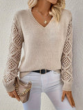 Women's Open Crochet Sleeve V-Neck Knit Pullover
