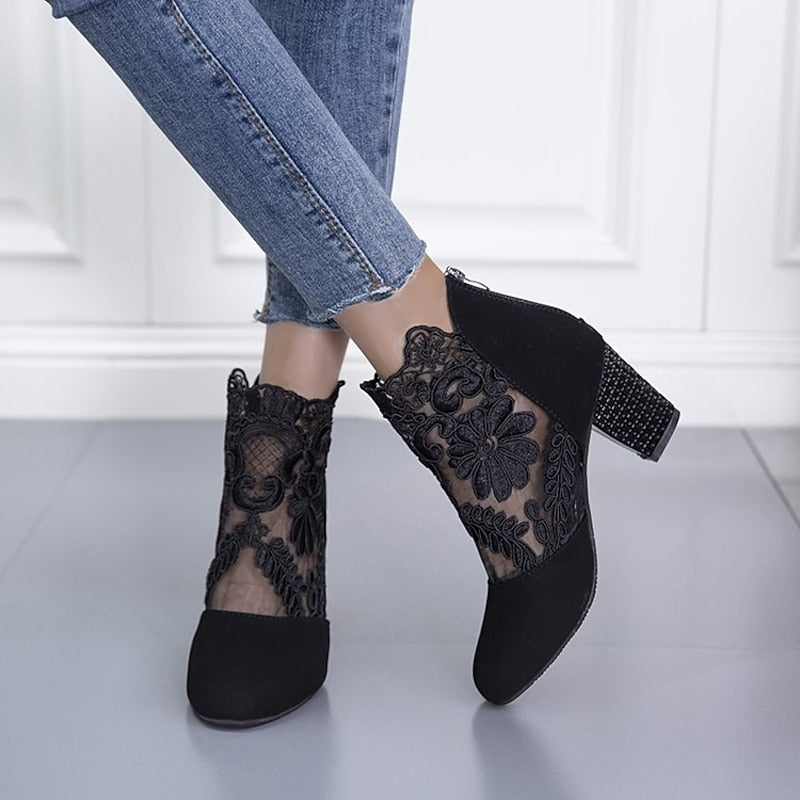 Women's Floral Lace Overlay Block Heel Booties