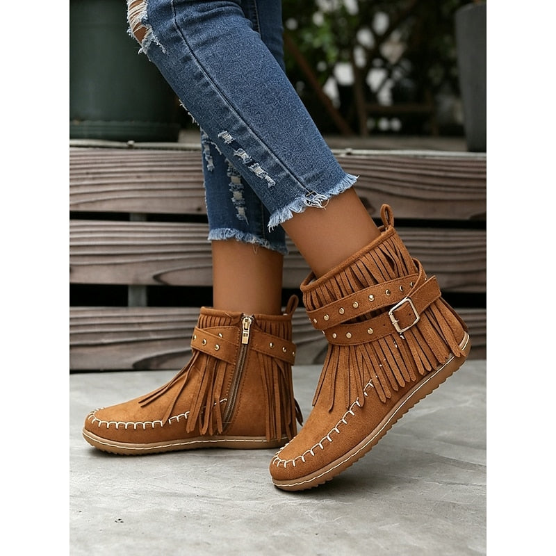 Women's Flat Sole Fringe Moccasin Booties