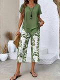 Women's Leaf Print Capri Pants Layered Top Set