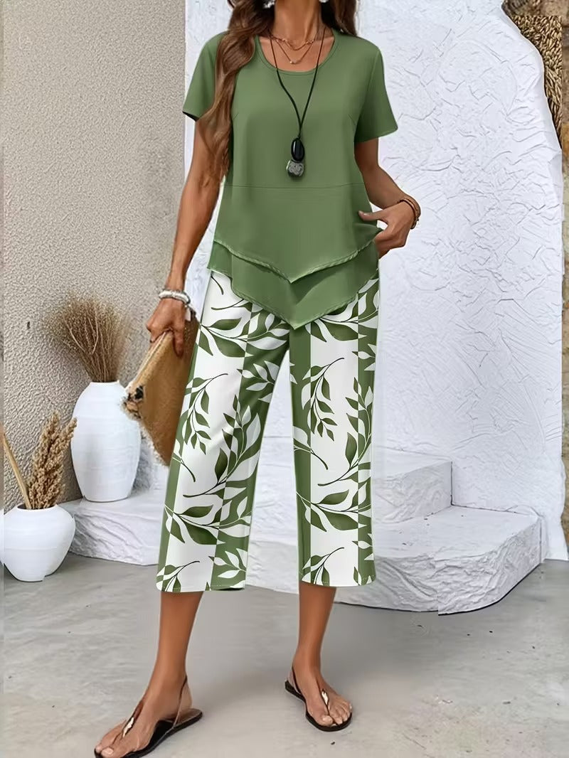 Women's Leaf Print Capri Pants Layered Top Set