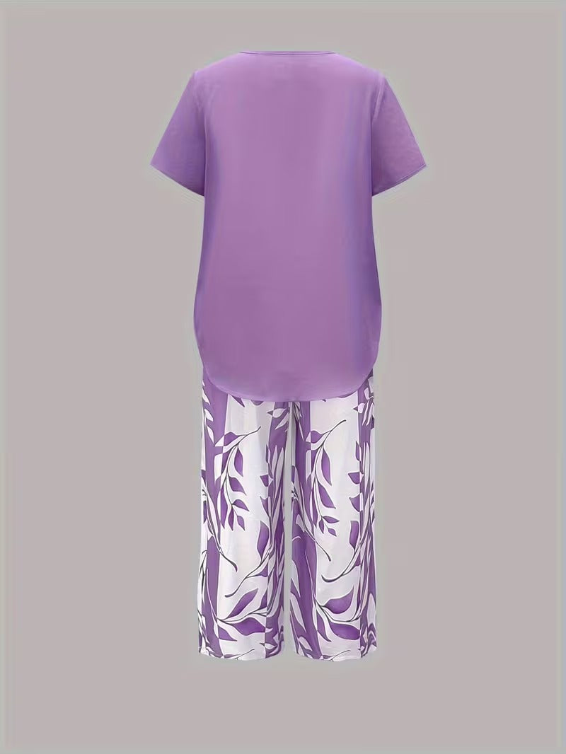 Women's Leaf Print Capri Pants Layered Top Set