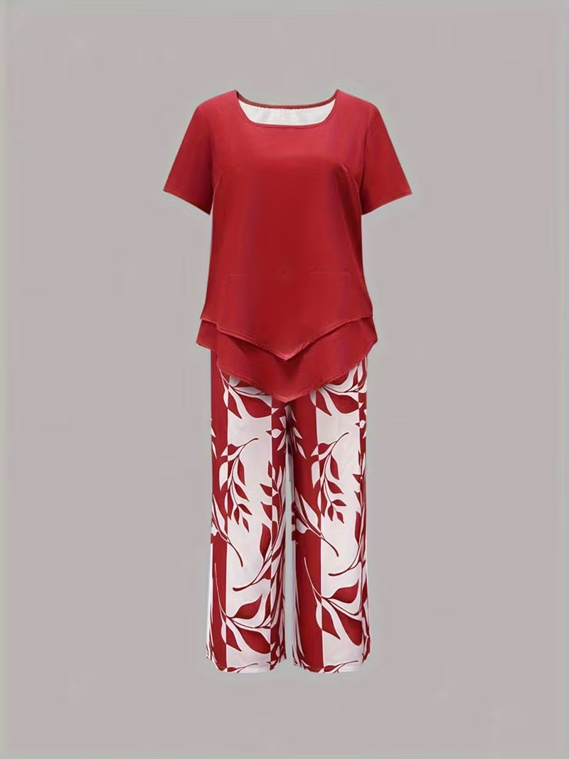 Women's Leaf Print Capri Pants Layered Top Set