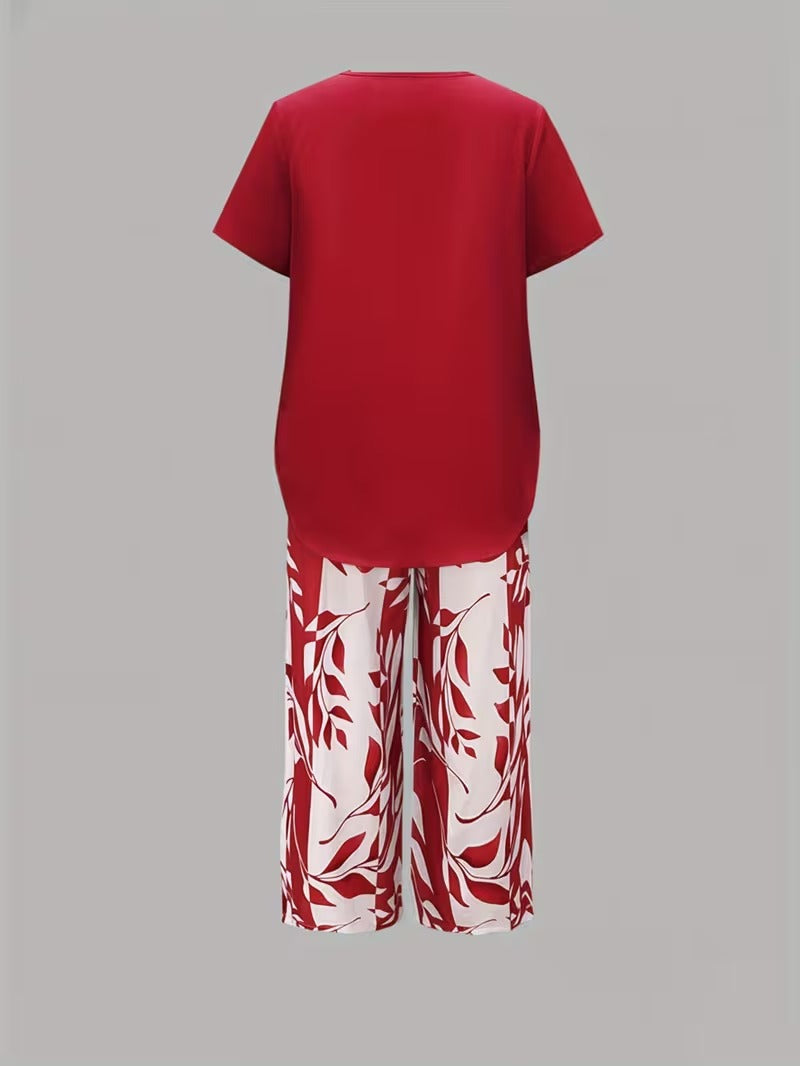 Women's Leaf Print Capri Pants Layered Top Set