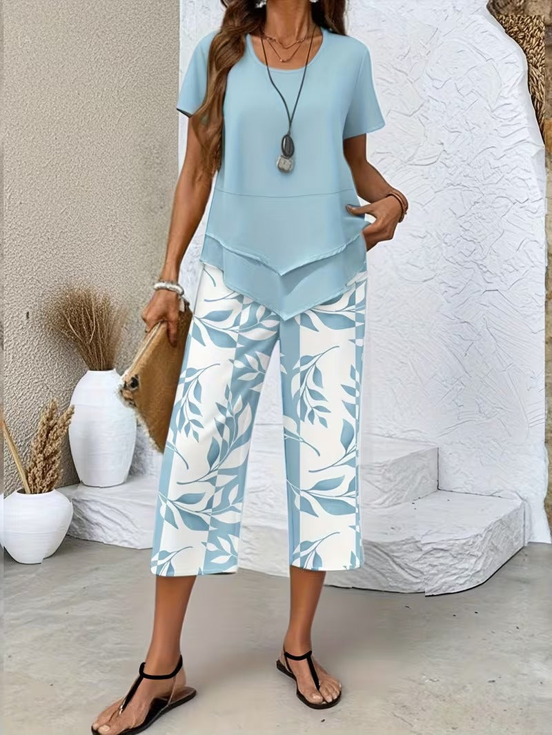 Women's Leaf Print Capri Pants Layered Top Set