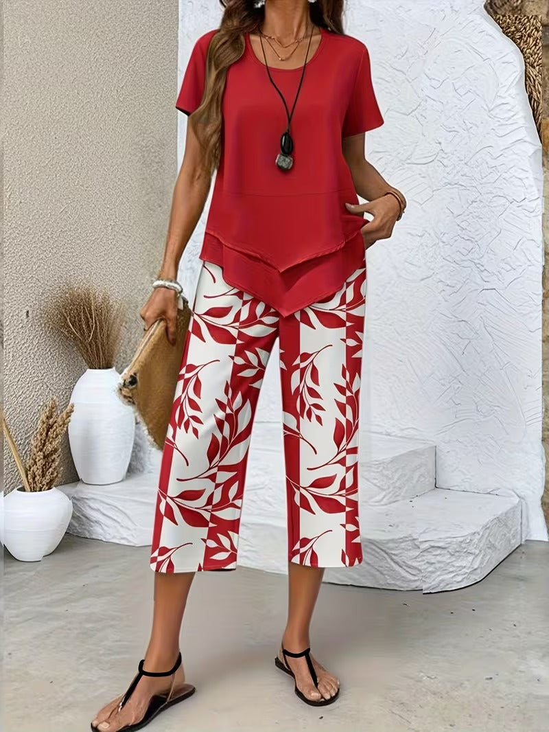 Women's Leaf Print Capri Pants Layered Top Set