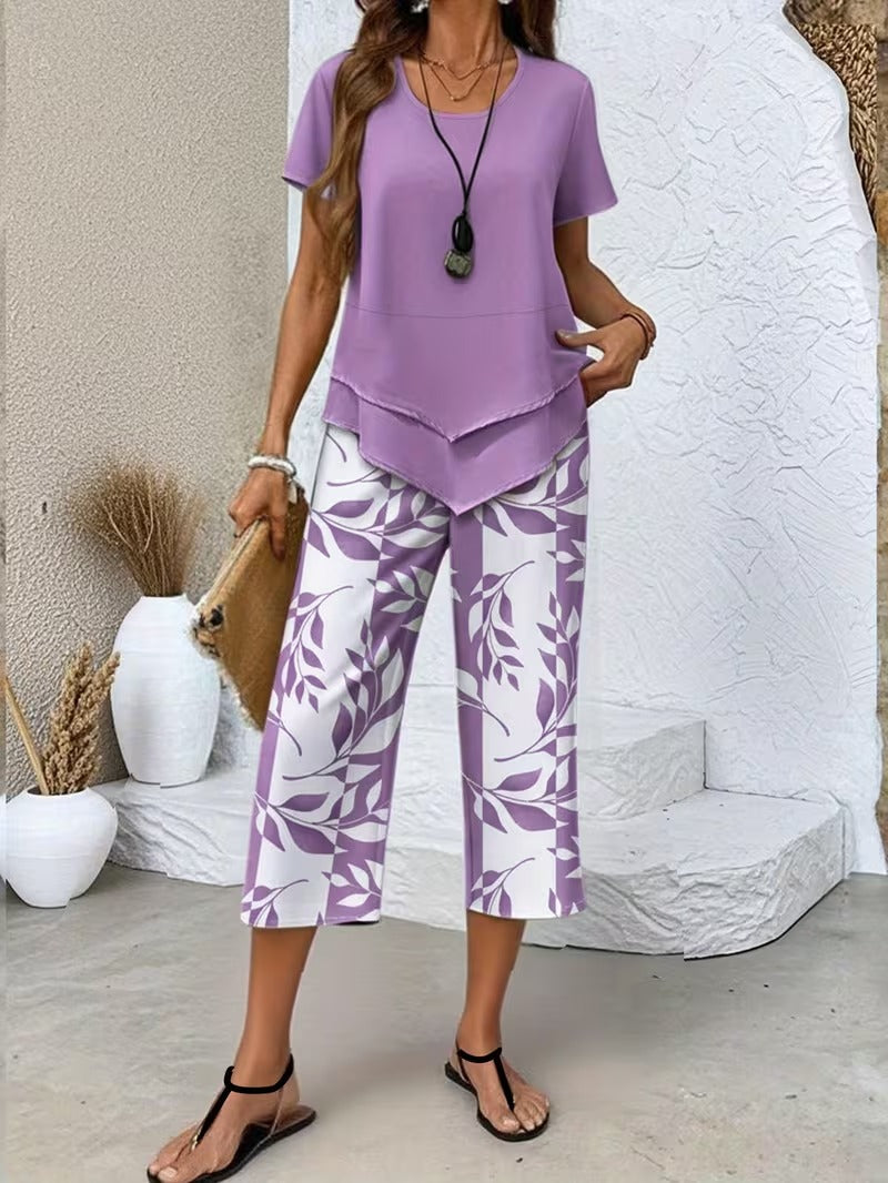 Women's Leaf Print Capri Pants Layered Top Set