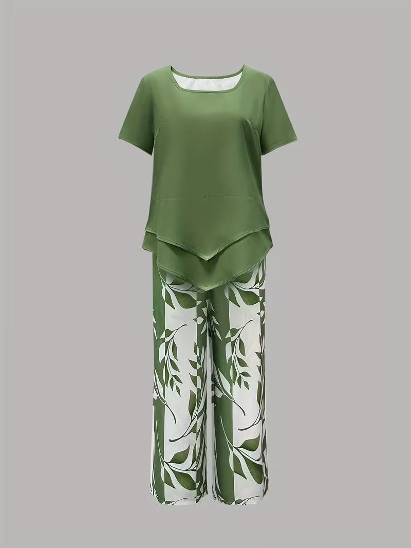 Women's Leaf Print Capri Pants Layered Top Set